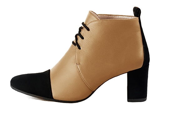 Matt black and camel beige women's ankle boots with laces at the front. Round toe. Medium block heels. Profile view - Florence KOOIJMAN
